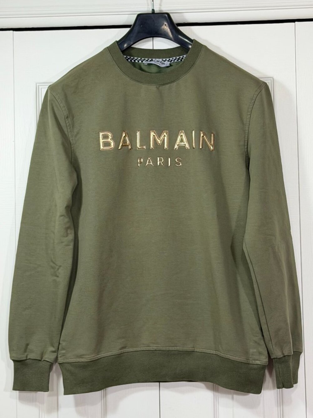 Balmain Paris Crew Neck Sweatshirt, Khaki Green with Gold Logo